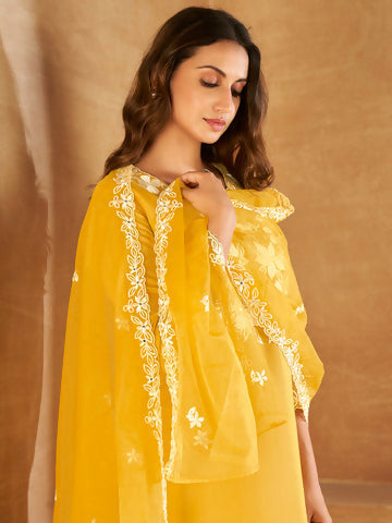 Women's Yellow Embroidered Straight Kurta Trousers With Dupatta set