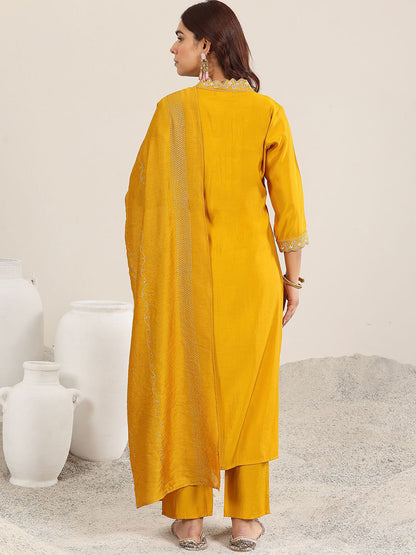 Yoke Design V-Neck Straight Sequinned Kurta With Trousers And Dupatta