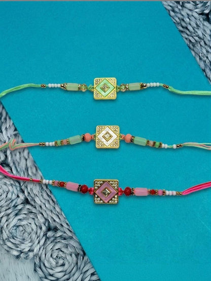 Dhiyona Set Of 3 Multicolor Ad Thread Rakhi With Roli Chawal Chandan Mishri