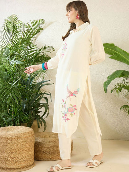 Dhiyona IE Printed Shirt Collar Three-Quarter Sleeves Pure Cotton Top With Trousers