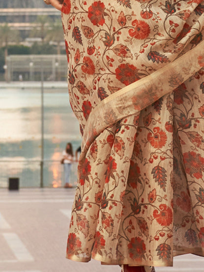 Women's Tissue Cream Printed Designer Saree With Blouse Piece