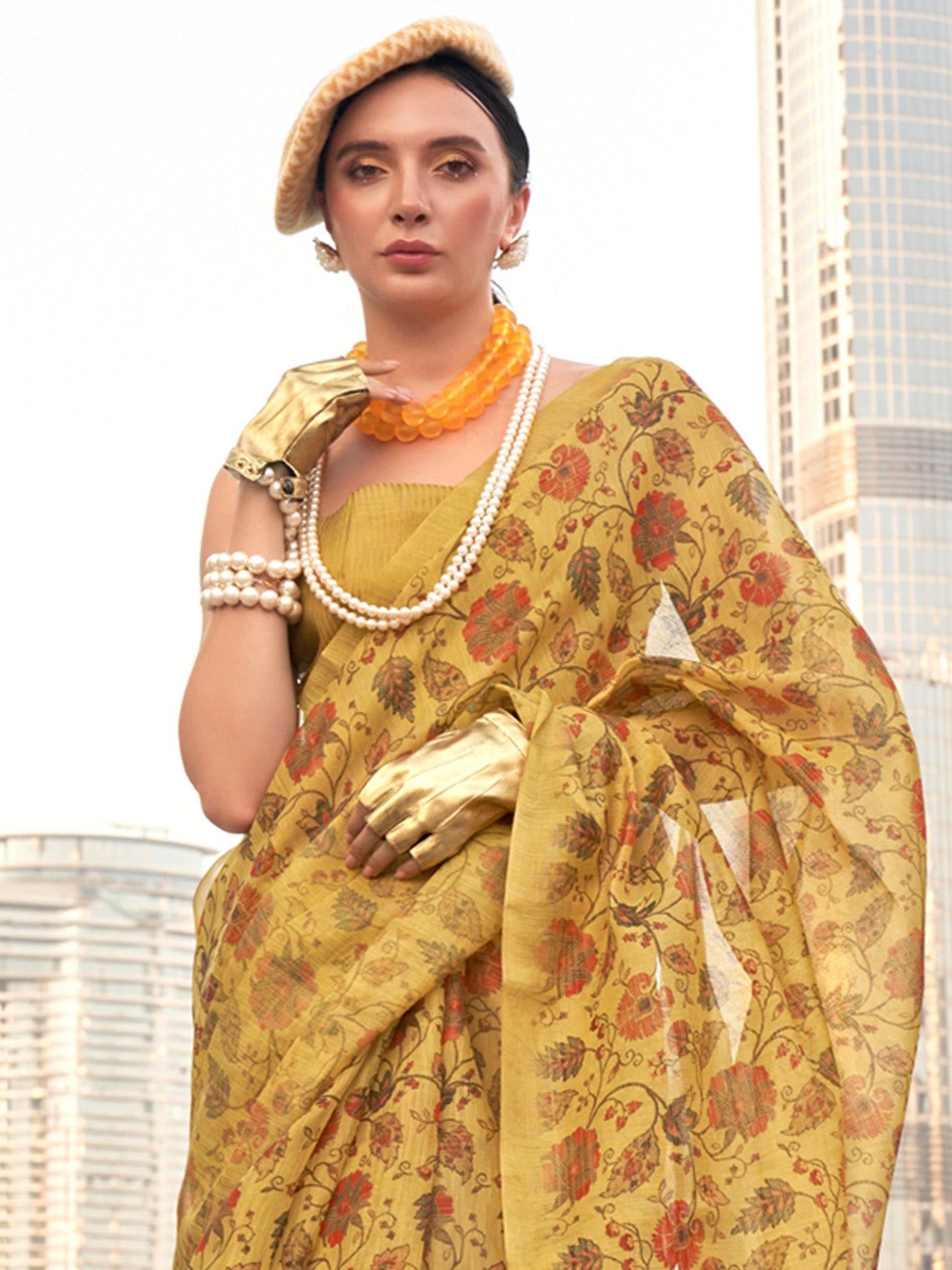 Women's Tissue Mustard Printed Designer Saree With Blouse Piece
