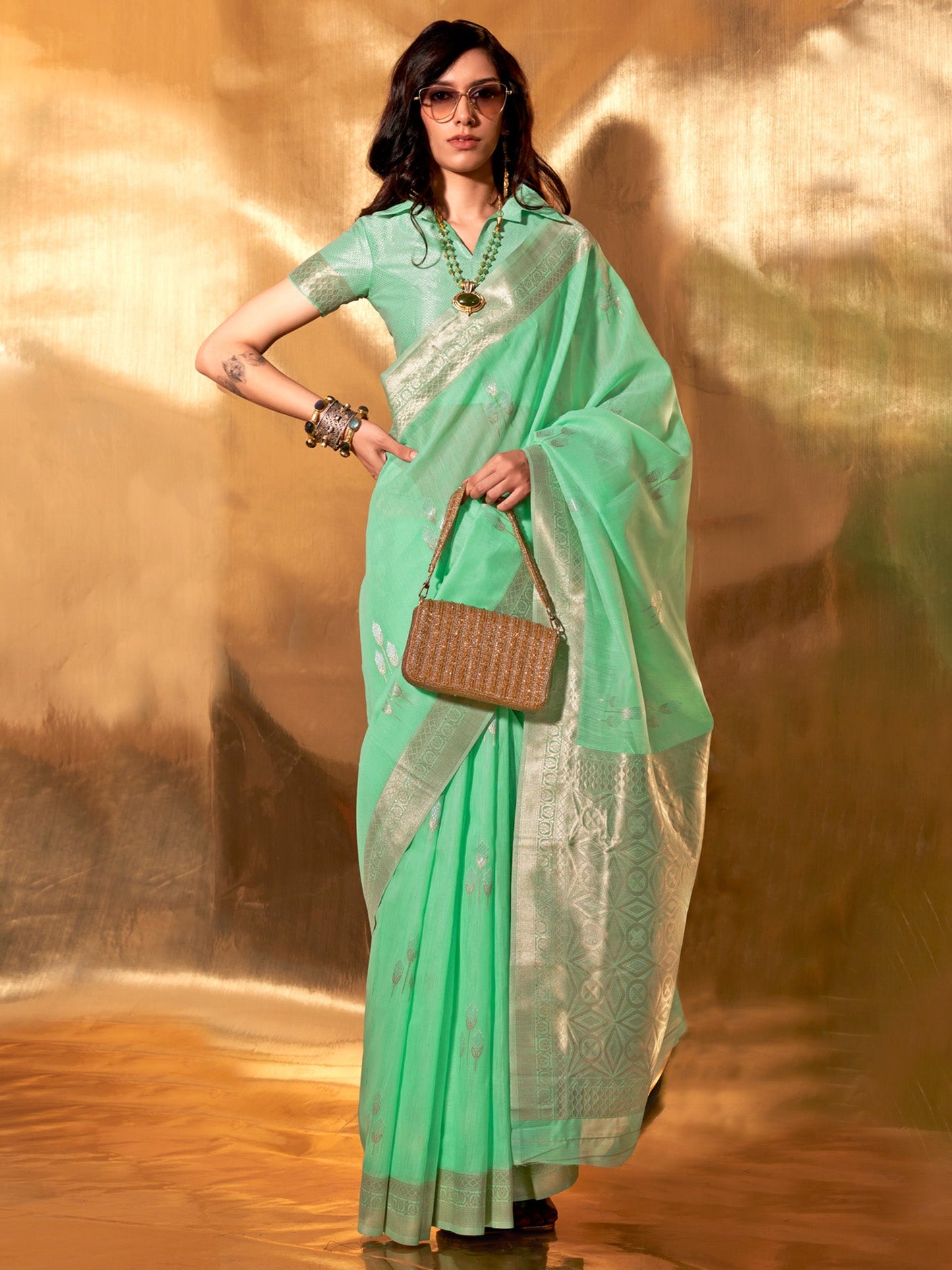 Women's Linen Sea Green Woven Design Designer Saree With Blouse Piece