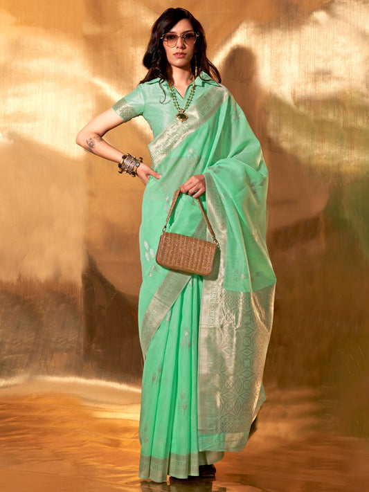 Women's Linen Sea Green Woven Design Designer Saree With Blouse Piece