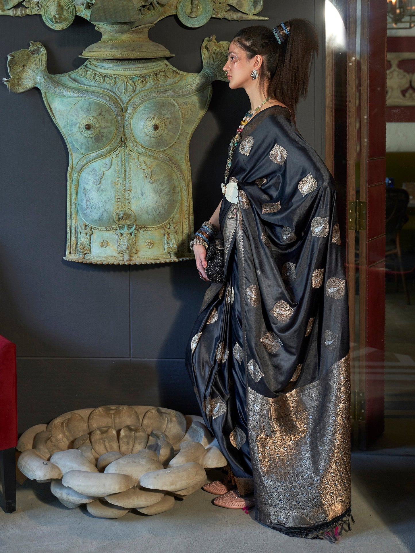 Women's Silk Blend Black Woven Design Designer Saree With Blouse Piece