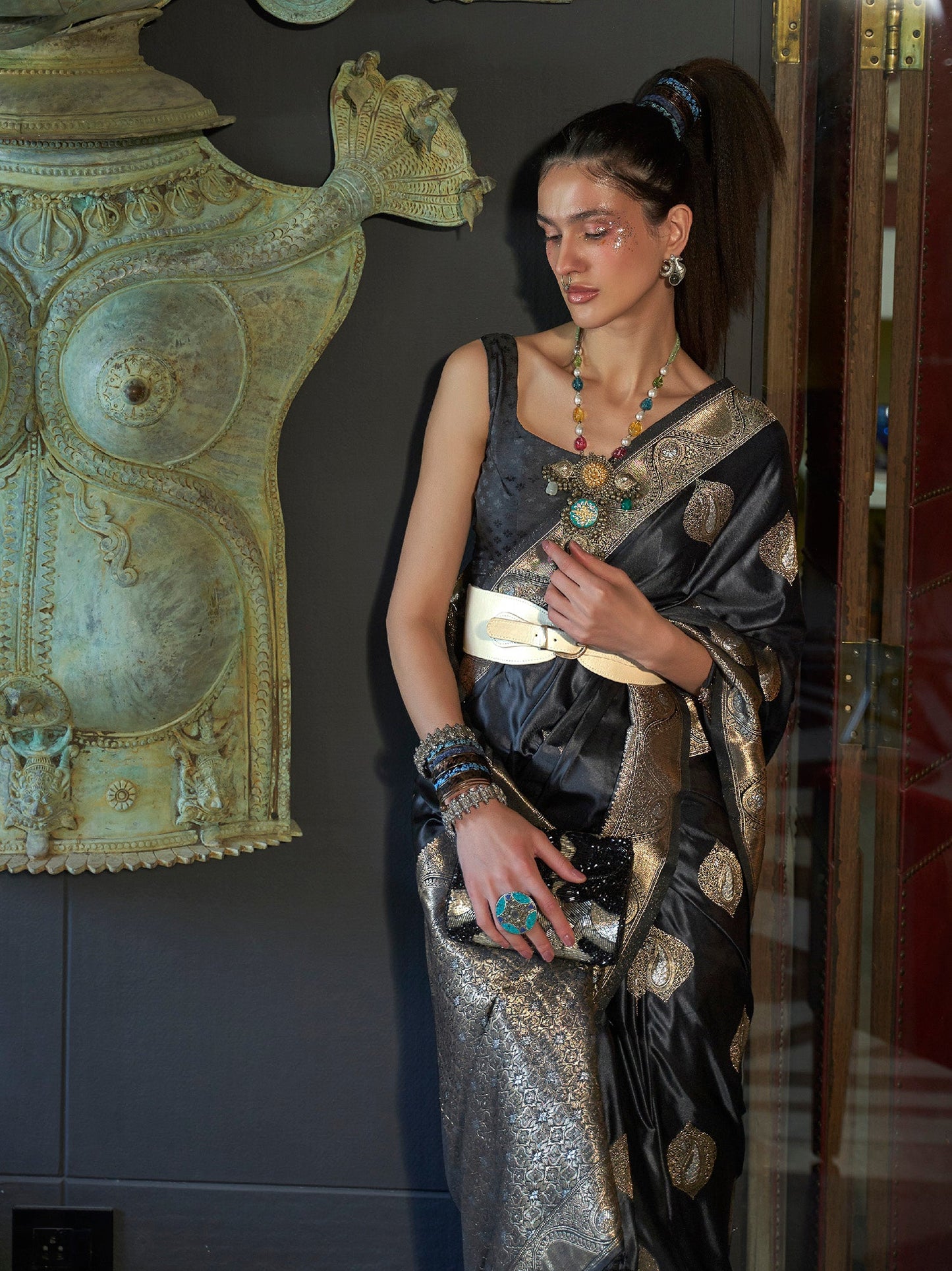 Women's Silk Blend Black Woven Design Designer Saree With Blouse Piece