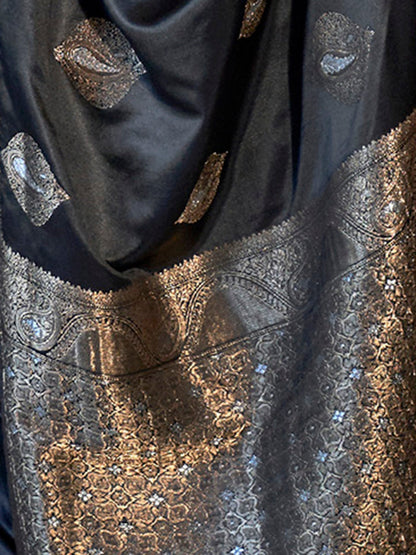 Women's Silk Blend Black Woven Design Designer Saree With Blouse Piece