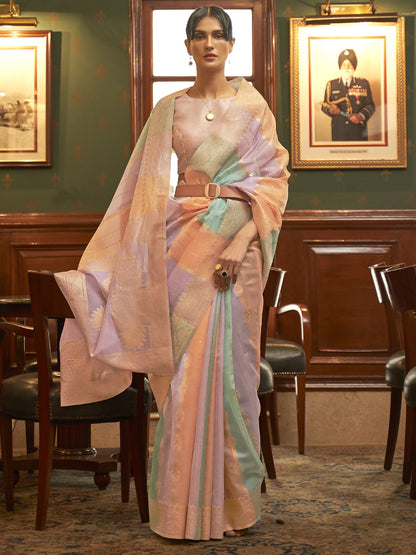 Women's Organza Multicolored Woven Design Celebrity Saree With Blouse Piece