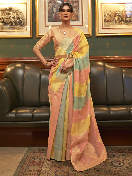 Women's Organza Multicolored Woven Design Celebrity Saree With Blouse Piece