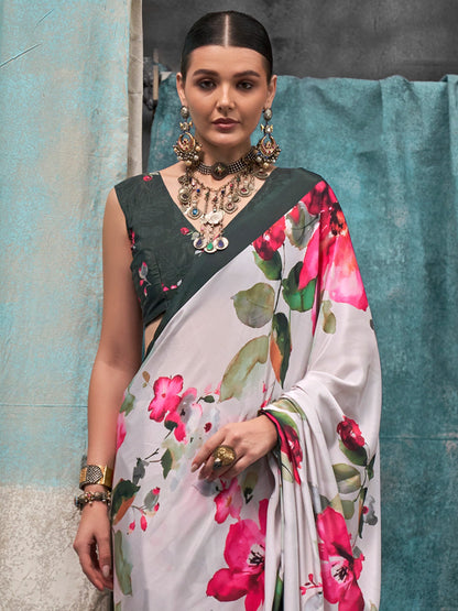 Women's Crepe Off White Printed Designer Saree With Blouse Piece