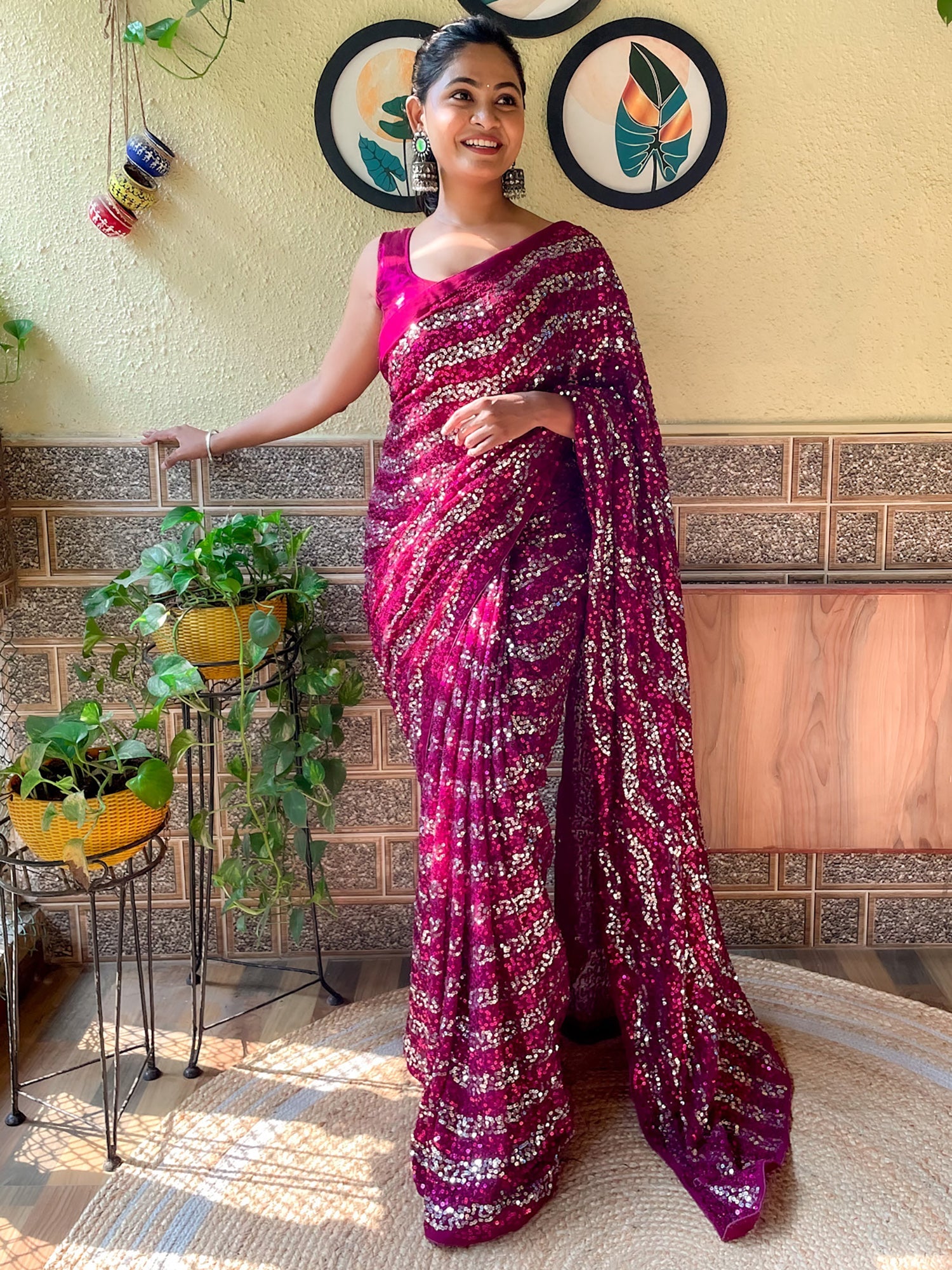 Women's Georgette Purple Embellished Designer Saree With Blouse Piece