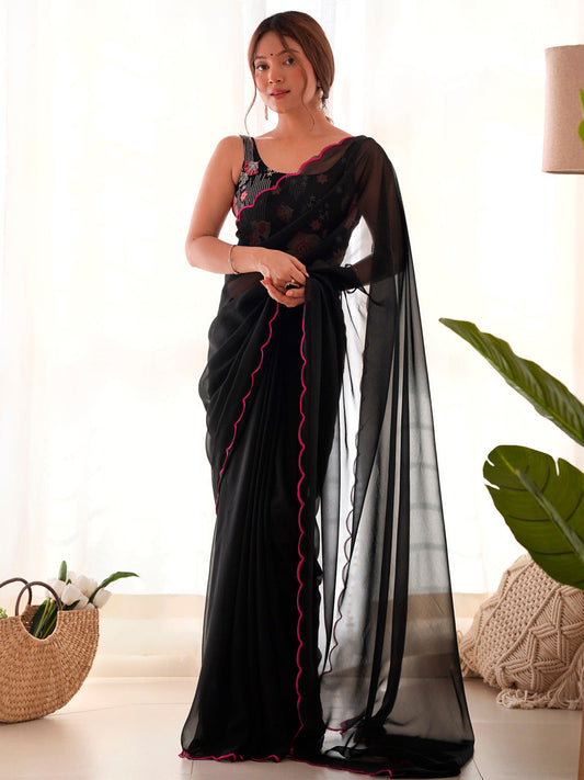 Women's Georgette Black Embellished Designer Saree With Blouse Piece