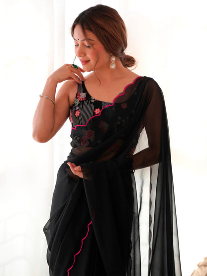 Women's Georgette Black Embellished Designer Saree With Blouse Piece