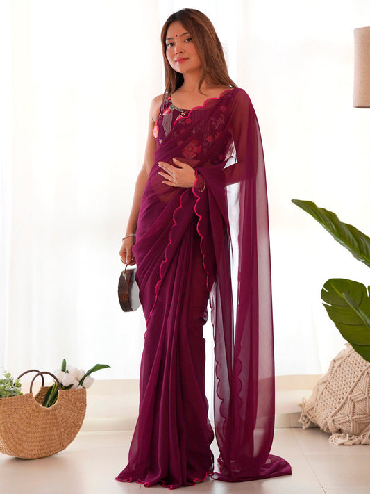 Women's Georgette Magenta Embellished Designer Saree With Blouse Piece