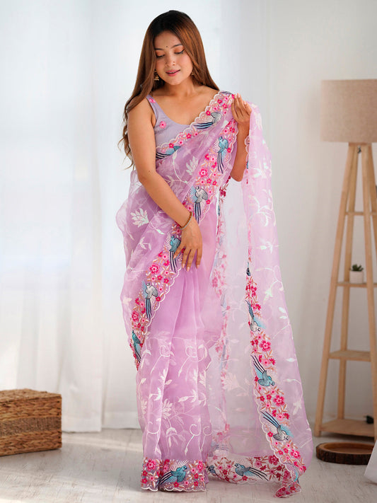 Women's Organza Lavendar Embroidered Designer Saree With Blouse Piece