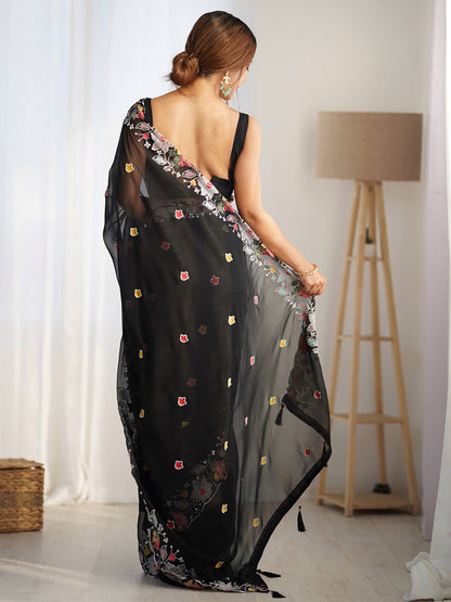 Women's Georgette Black Embellished Designer Saree With Blouse Piece