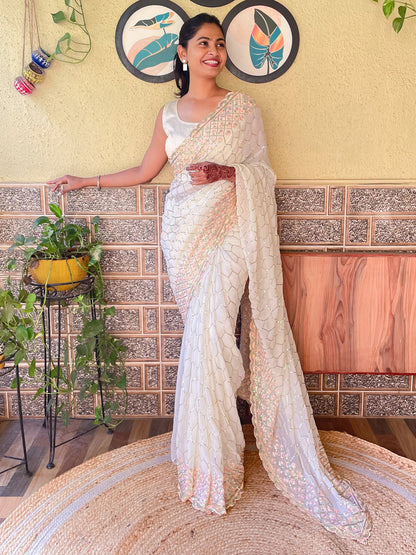 Women's Georgette Off White Embellished Designer Saree With Blouse Piece