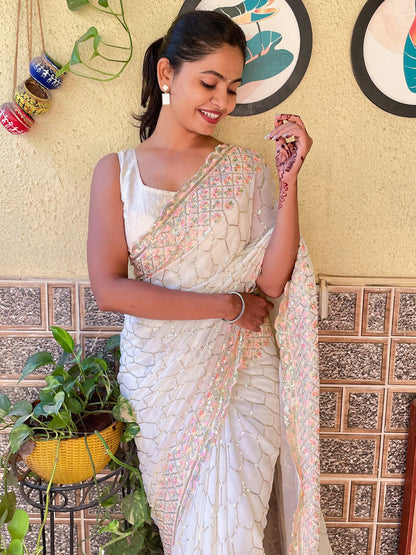 Women's Georgette Off White Embellished Designer Saree With Blouse Piece