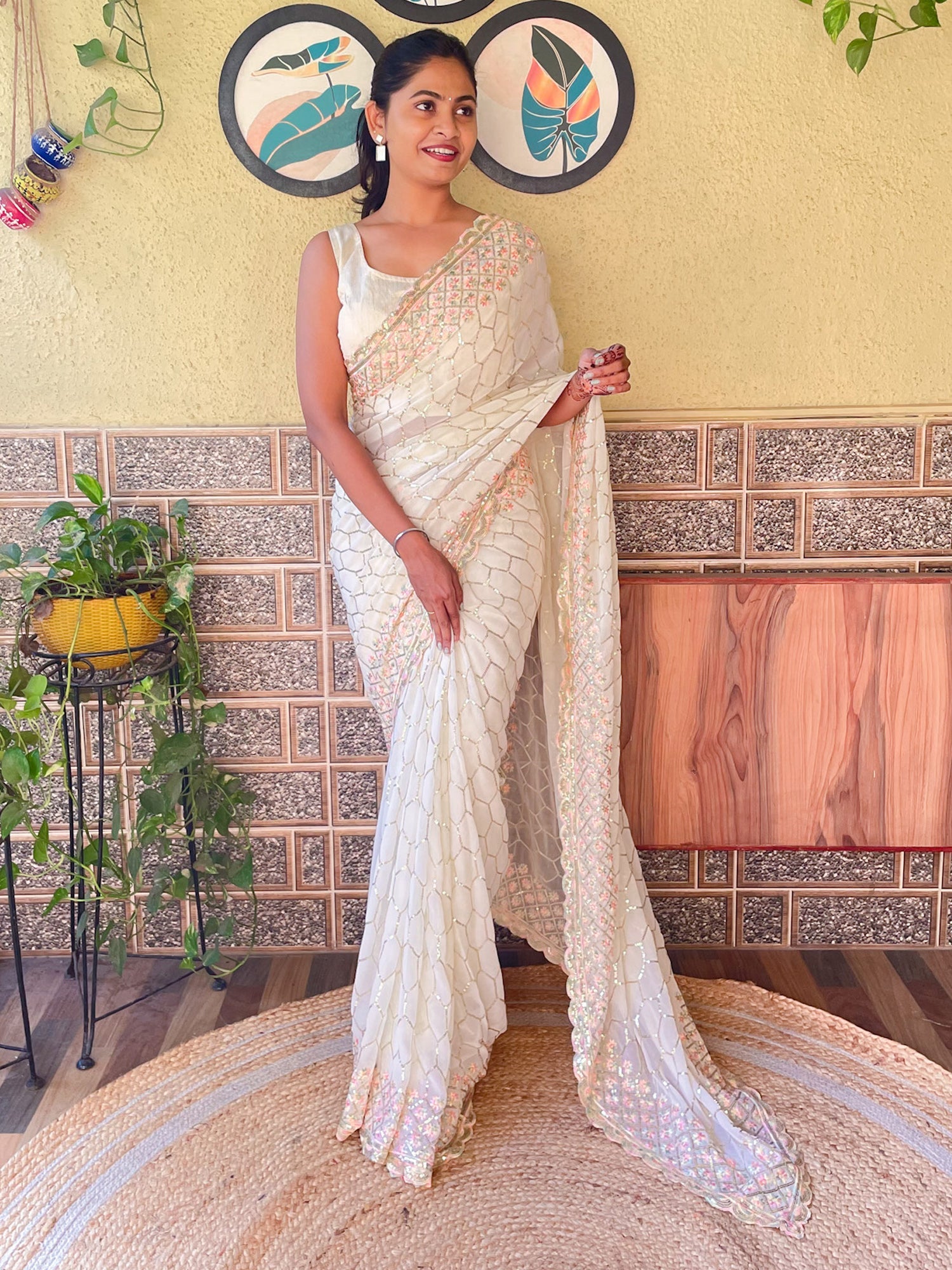 Women's Georgette Off White Embellished Designer Saree With Blouse Piece