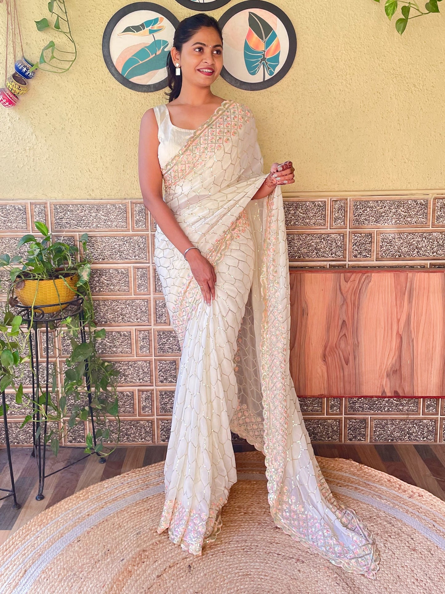 Women's Georgette Off White Embellished Designer Saree With Blouse Piece