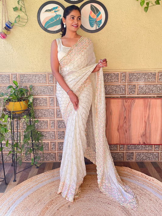 Women's Georgette Off White Embellished Designer Saree With Blouse Piece