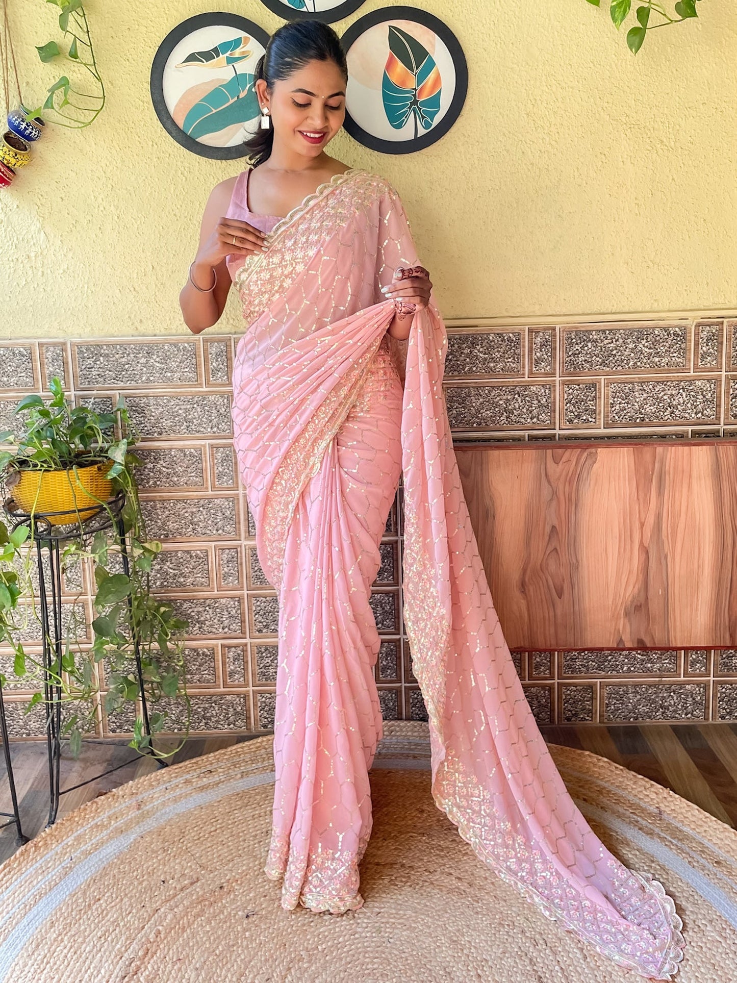 Women's Georgette Rose Gold Embellished Designer Saree With Blouse Piece