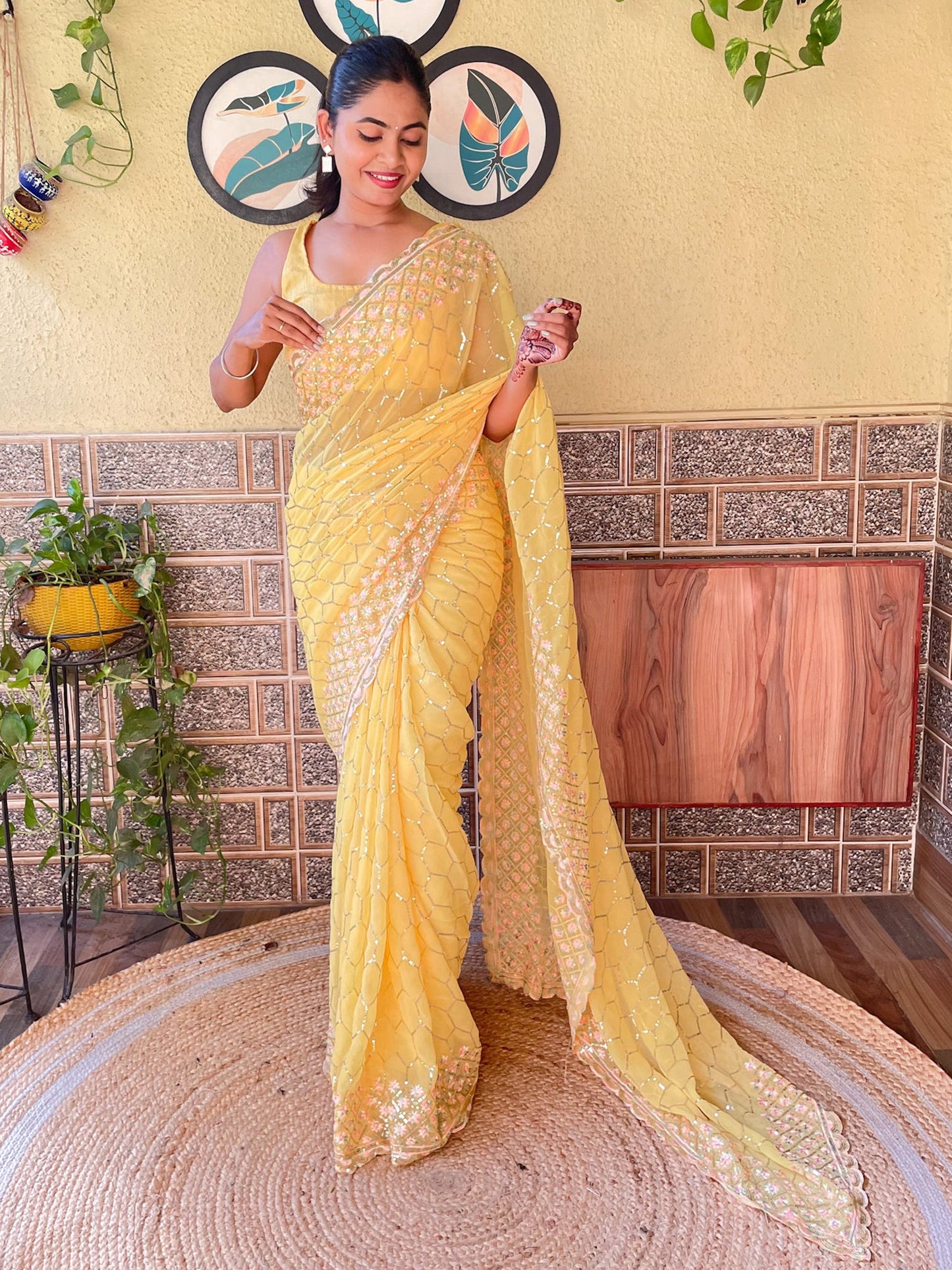 Women's Georgette Yellow Embellished Designer Saree With Blouse Piece