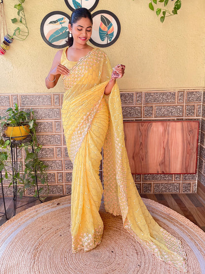 Women's Georgette Yellow Embellished Designer Saree With Blouse Piece