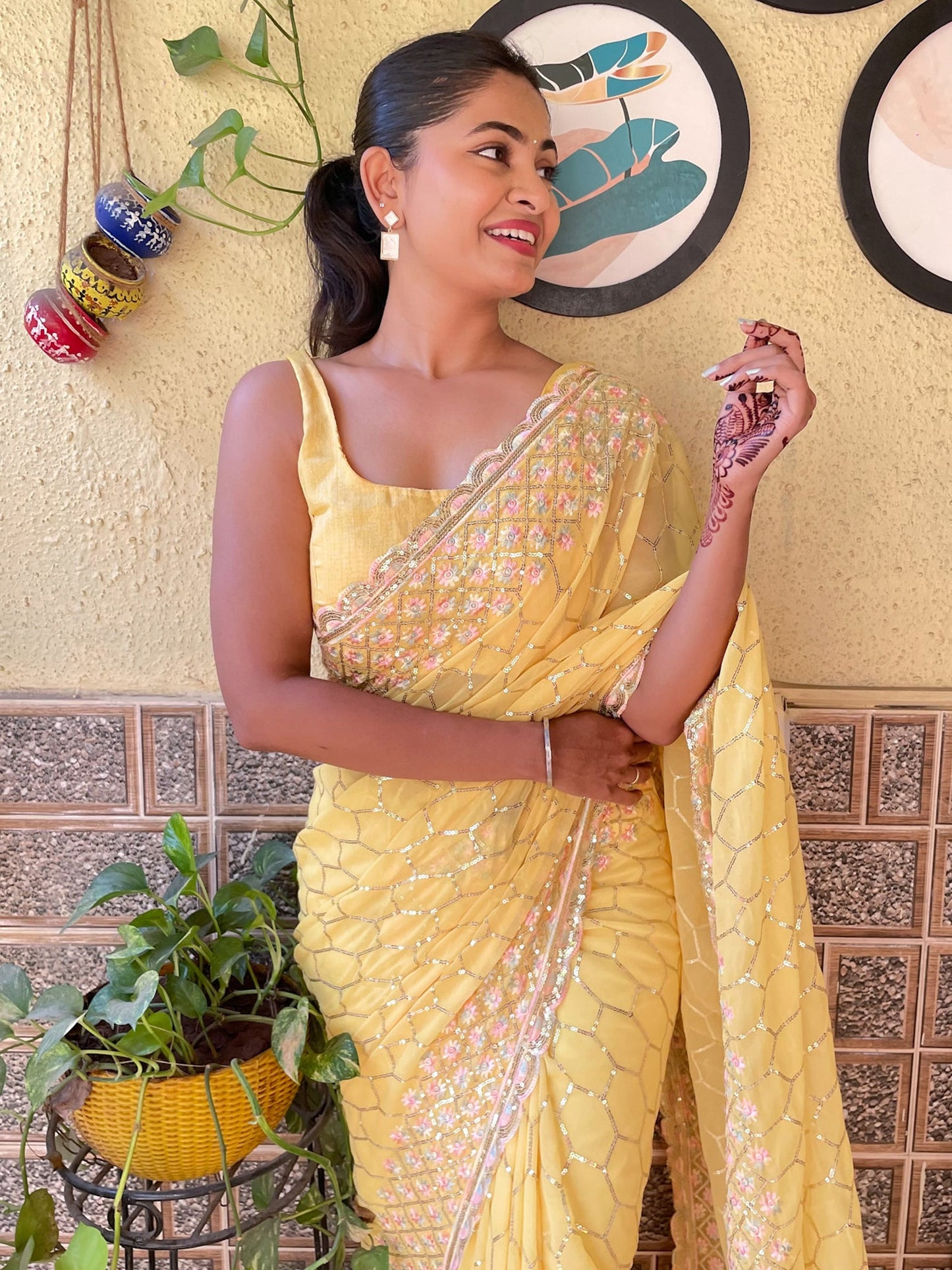 Women's Georgette Yellow Embellished Designer Saree With Blouse Piece