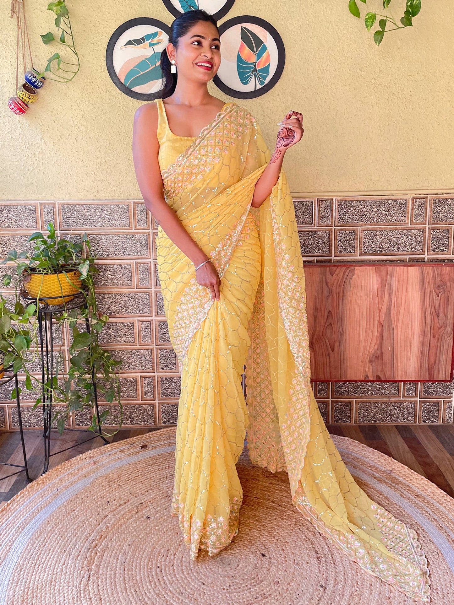 Women's Georgette Yellow Embellished Designer Saree With Blouse Piece