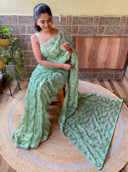 Women's Georgette Light Green Embellished Designer Saree With Blouse Piece