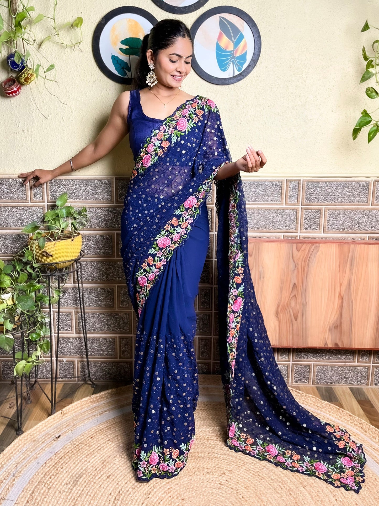 Women's Georgette Blue Embellished Designer Saree With Blouse Piece