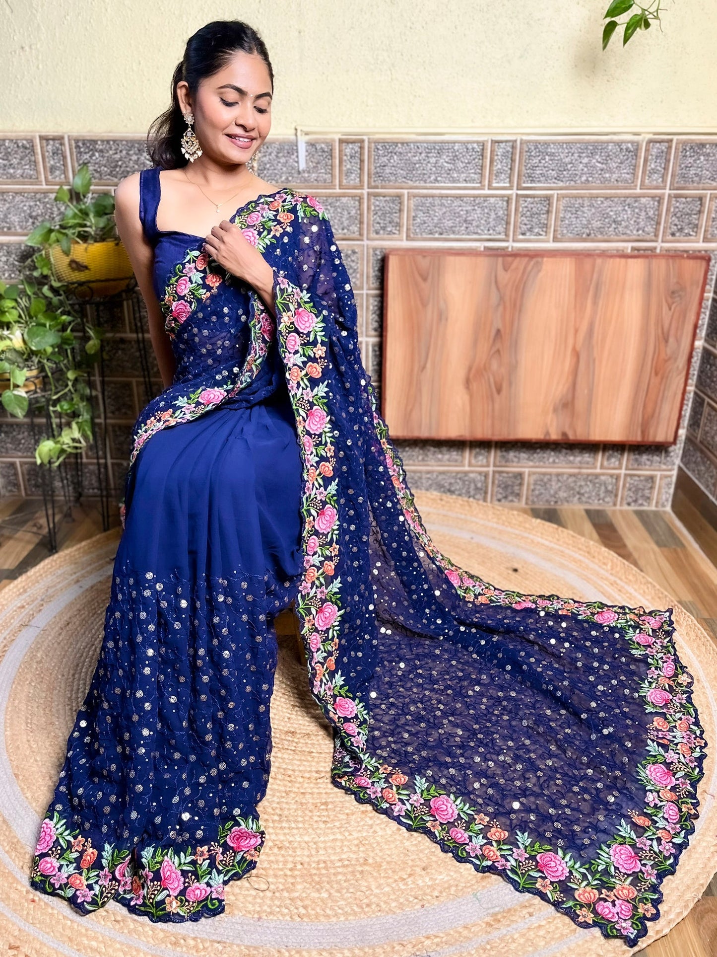 Women's Georgette Blue Embellished Designer Saree With Blouse Piece