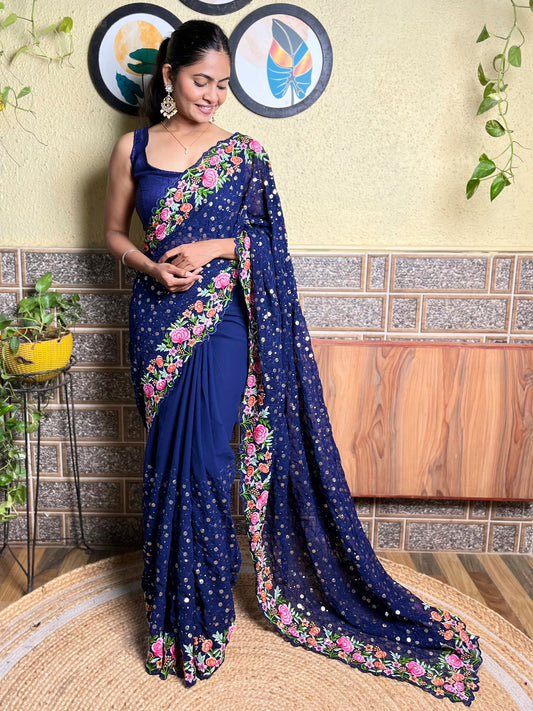 Women's Georgette Blue Embellished Designer Saree With Blouse Piece