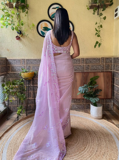 Women's Georgette Lavendar Embellished Designer Saree With Blouse Piece