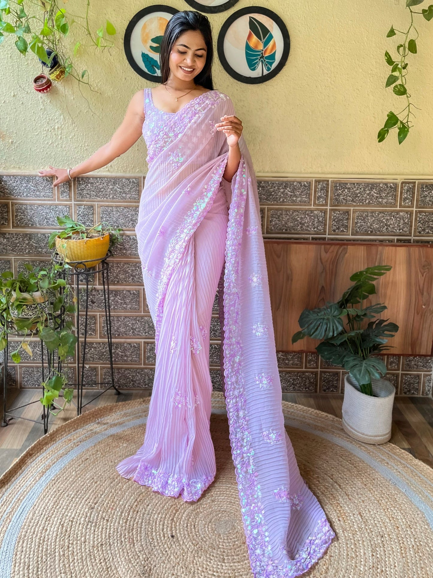 Women's Georgette Lavendar Embellished Designer Saree With Blouse Piece