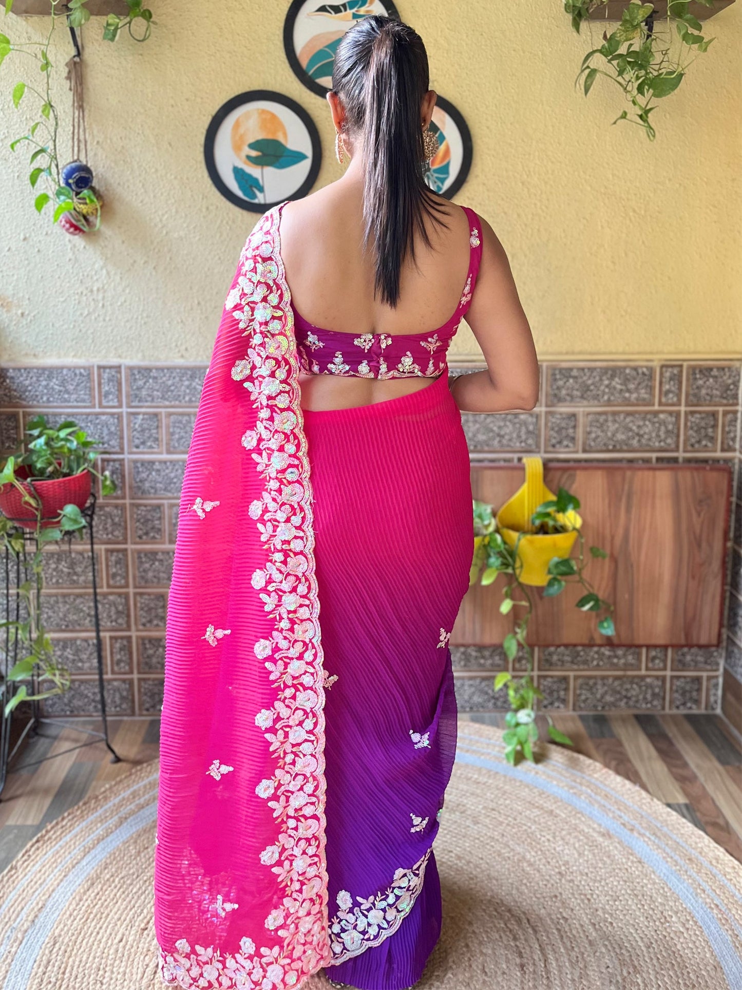 Women's Georgette Pink Embellished Designer Saree With Blouse Piece
