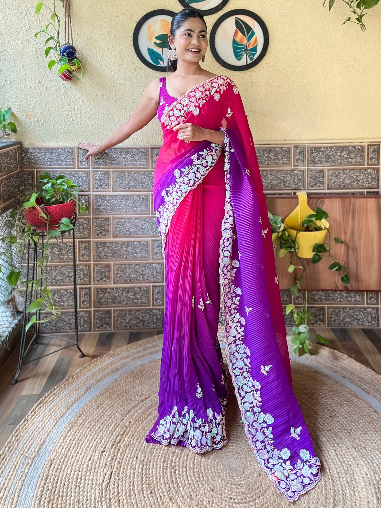Women's Georgette Pink Embellished Designer Saree With Blouse Piece