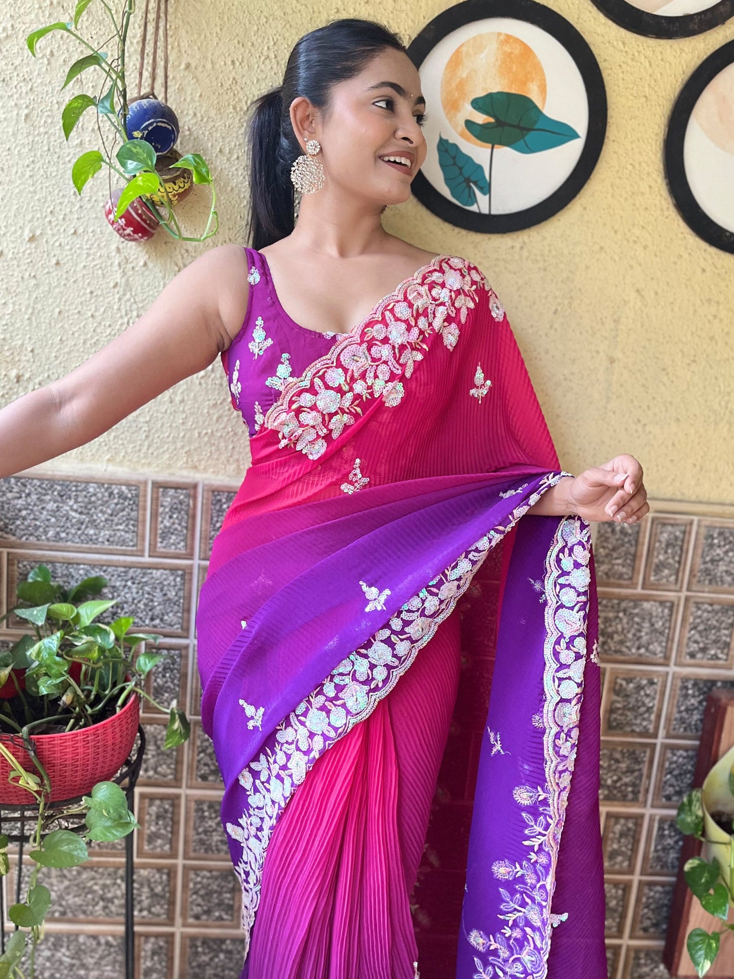 Women's Georgette Pink Embellished Designer Saree With Blouse Piece