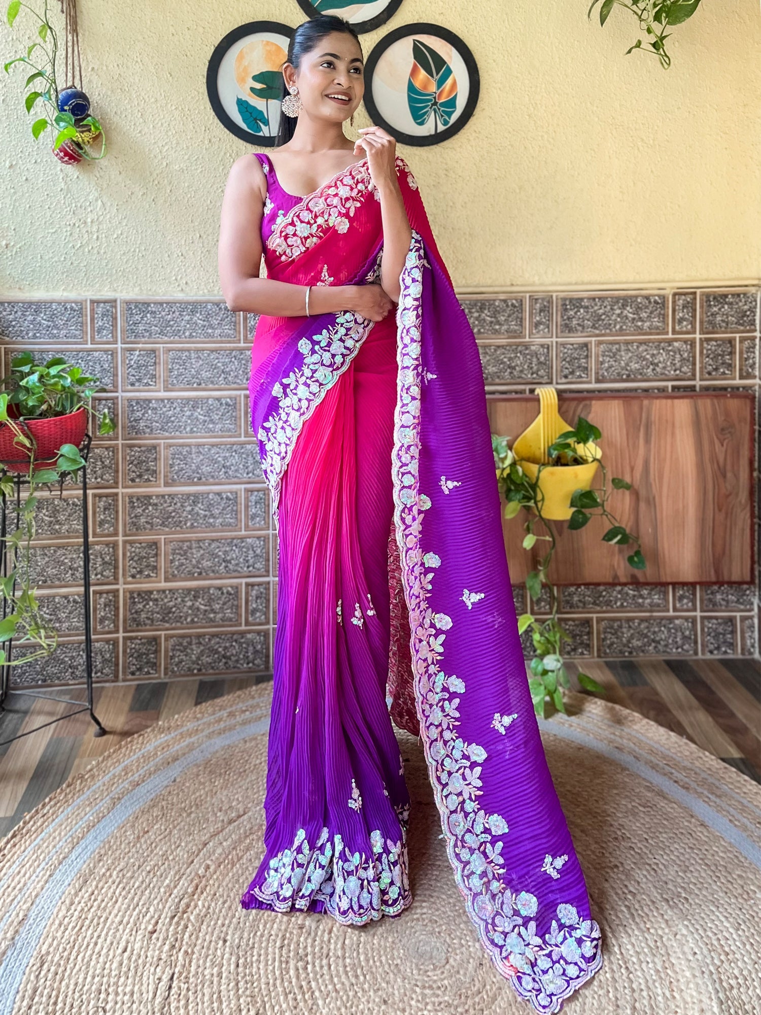 Women's Georgette Pink Embellished Designer Saree With Blouse Piece