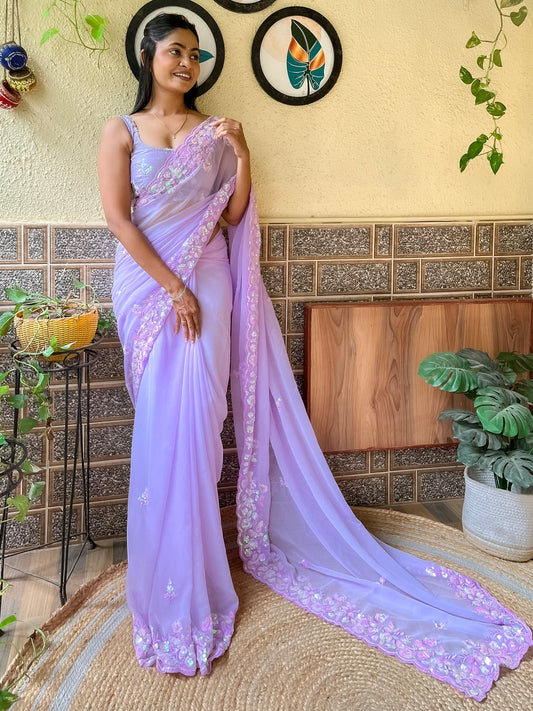 Women's Georgette Lavendar Embellished Designer Saree With Blouse Piece