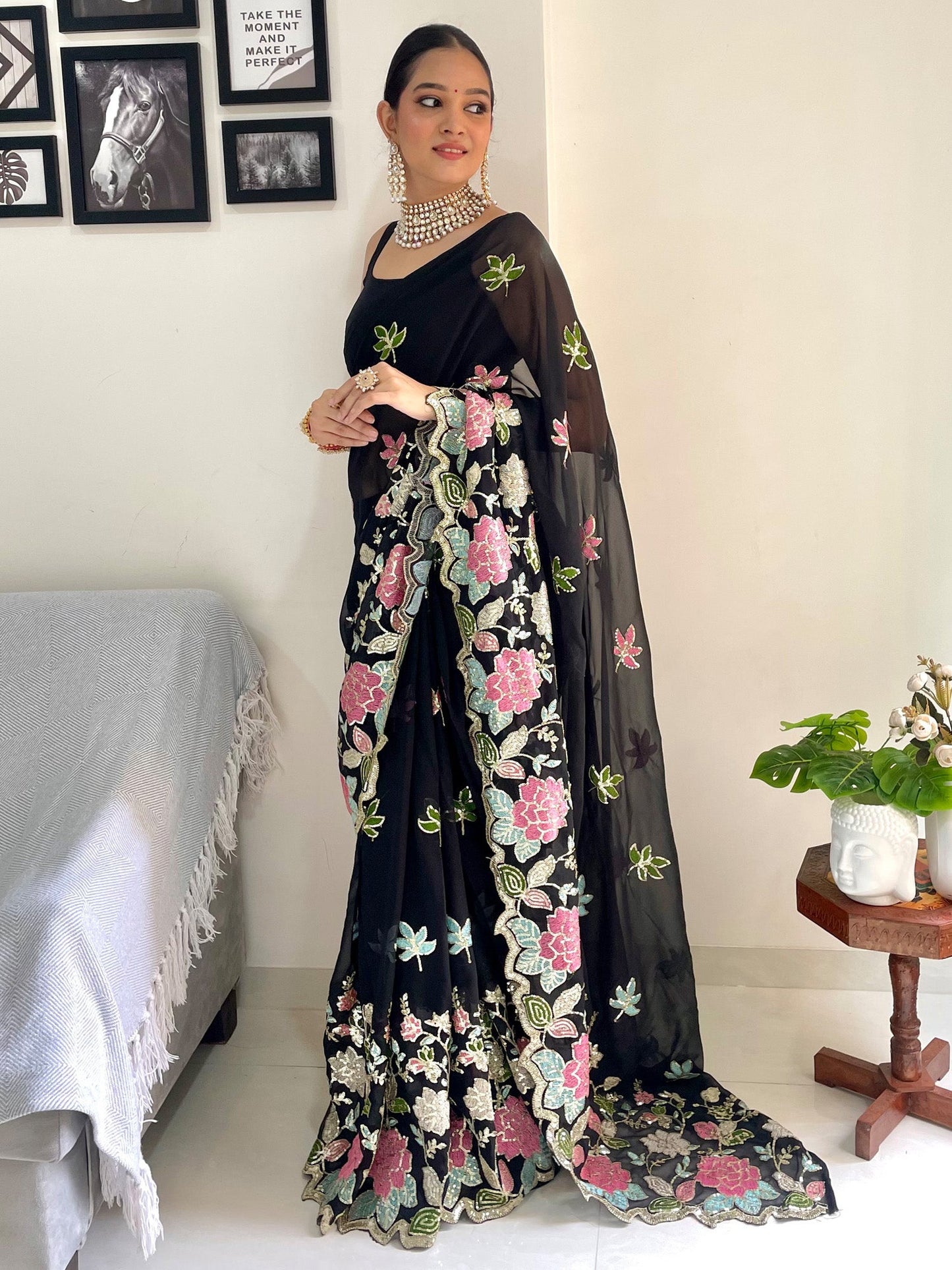 Women's Georgette Black Embellished Designer Saree With Blouse Piece