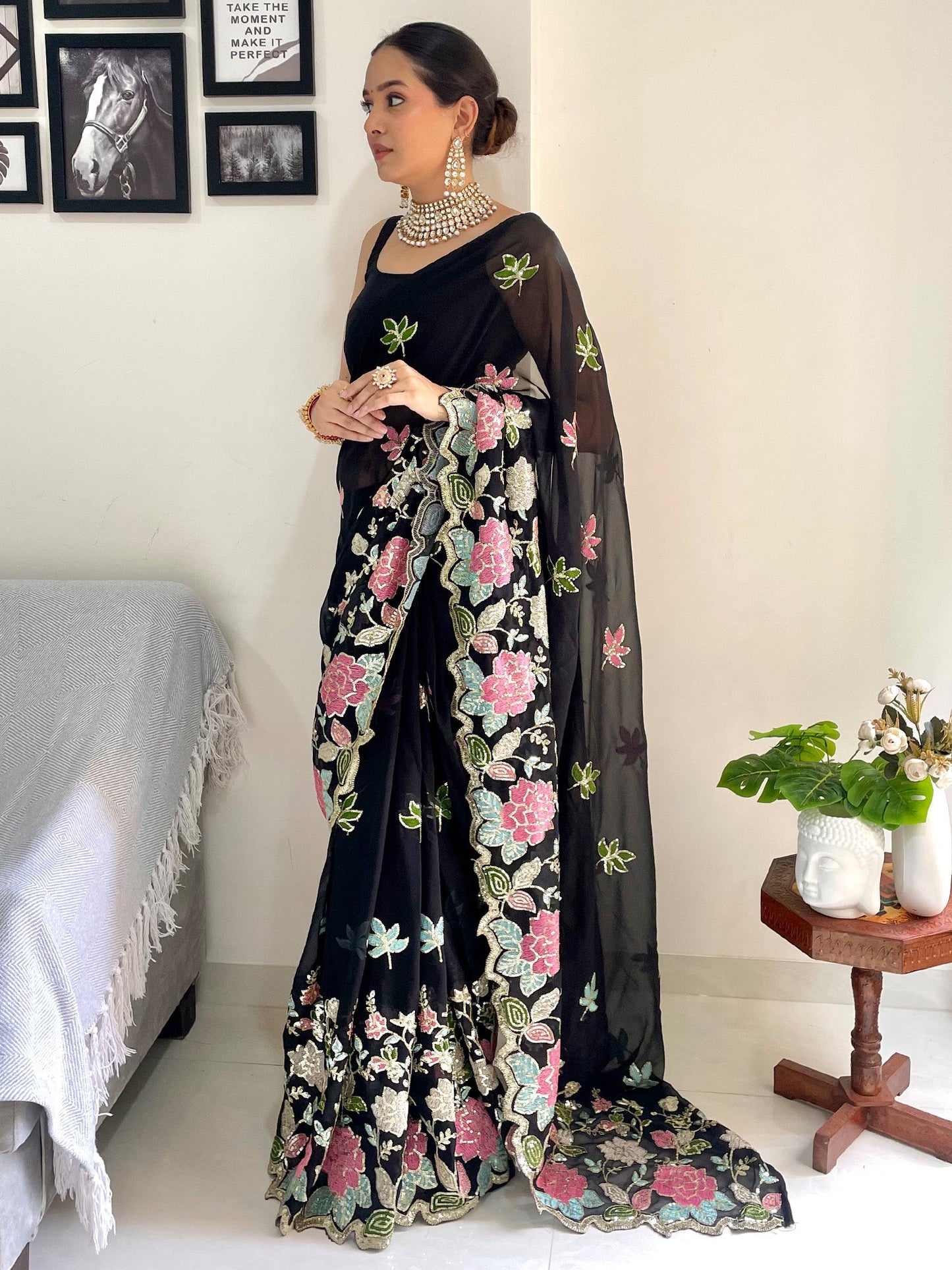 Women's Georgette Black Embellished Designer Saree With Blouse Piece