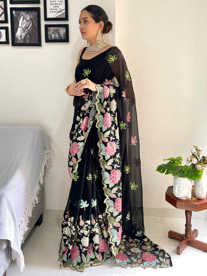 Women's Georgette Black Embellished Designer Saree With Blouse Piece