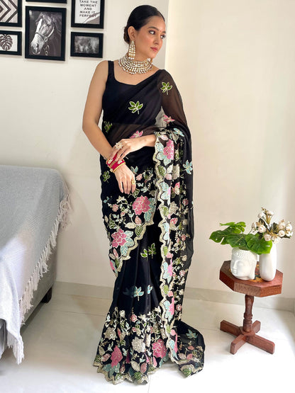 Women's Georgette Black Embellished Designer Saree With Blouse Piece