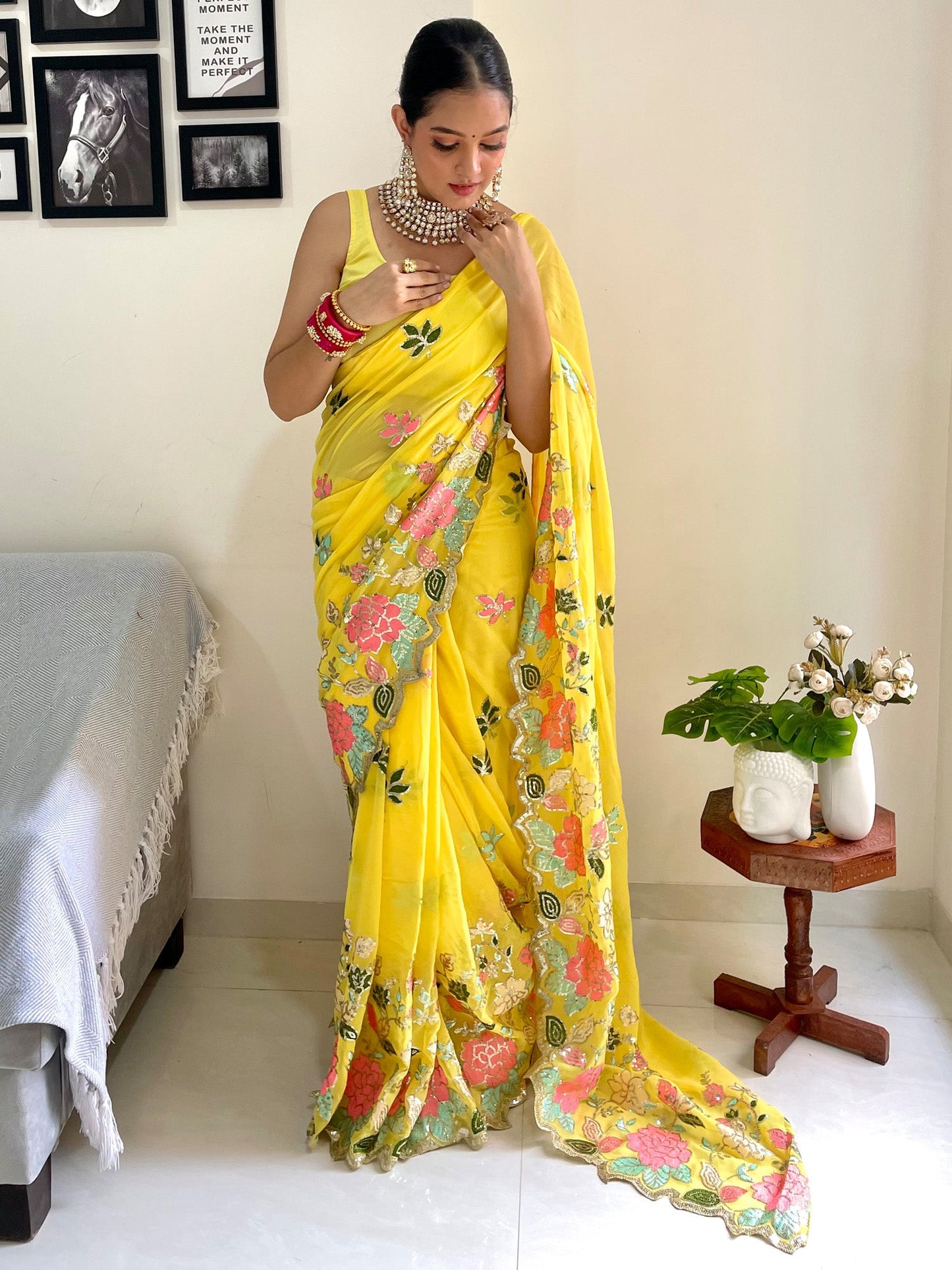 Women's Georgette Yellow Embellished Designer Saree With Blouse Piece