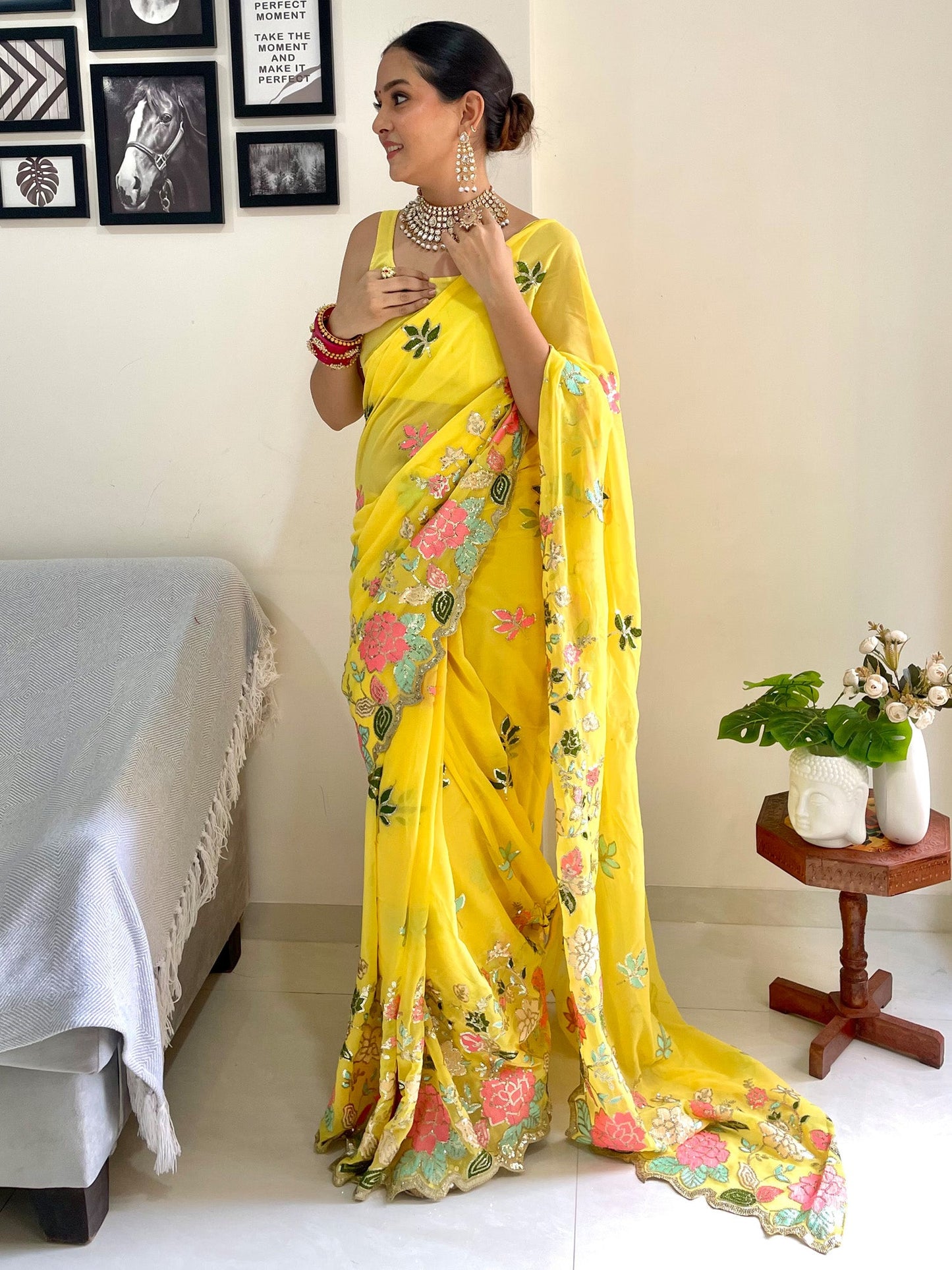 Women's Georgette Yellow Embellished Designer Saree With Blouse Piece