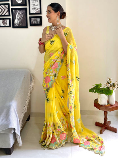 Women's Georgette Yellow Embellished Designer Saree With Blouse Piece