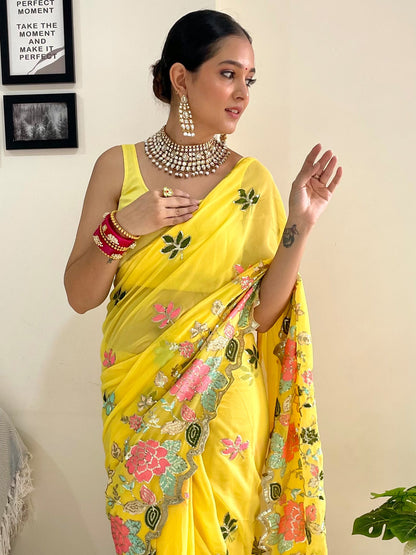 Women's Georgette Yellow Embellished Designer Saree With Blouse Piece