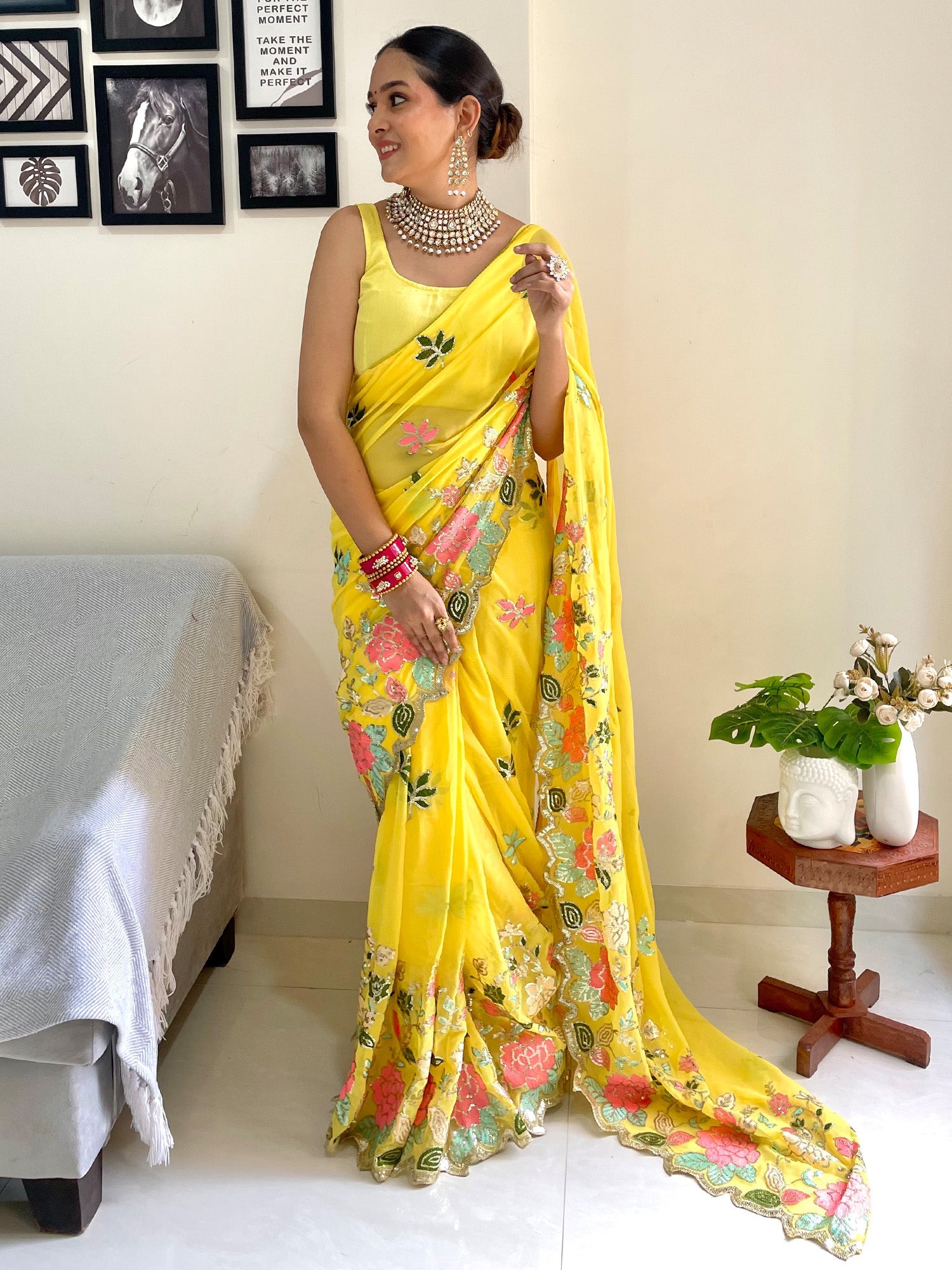 Women's Georgette Yellow Embellished Designer Saree With Blouse Piece